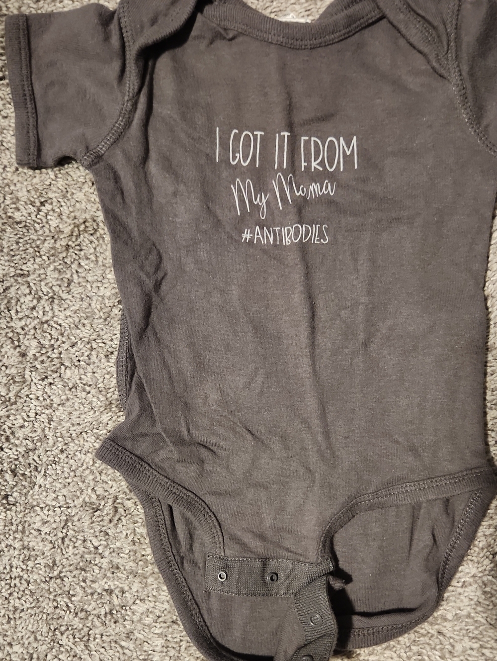 Gray Baby One-Piece Short Sleeve Bodysuit with White Script Print